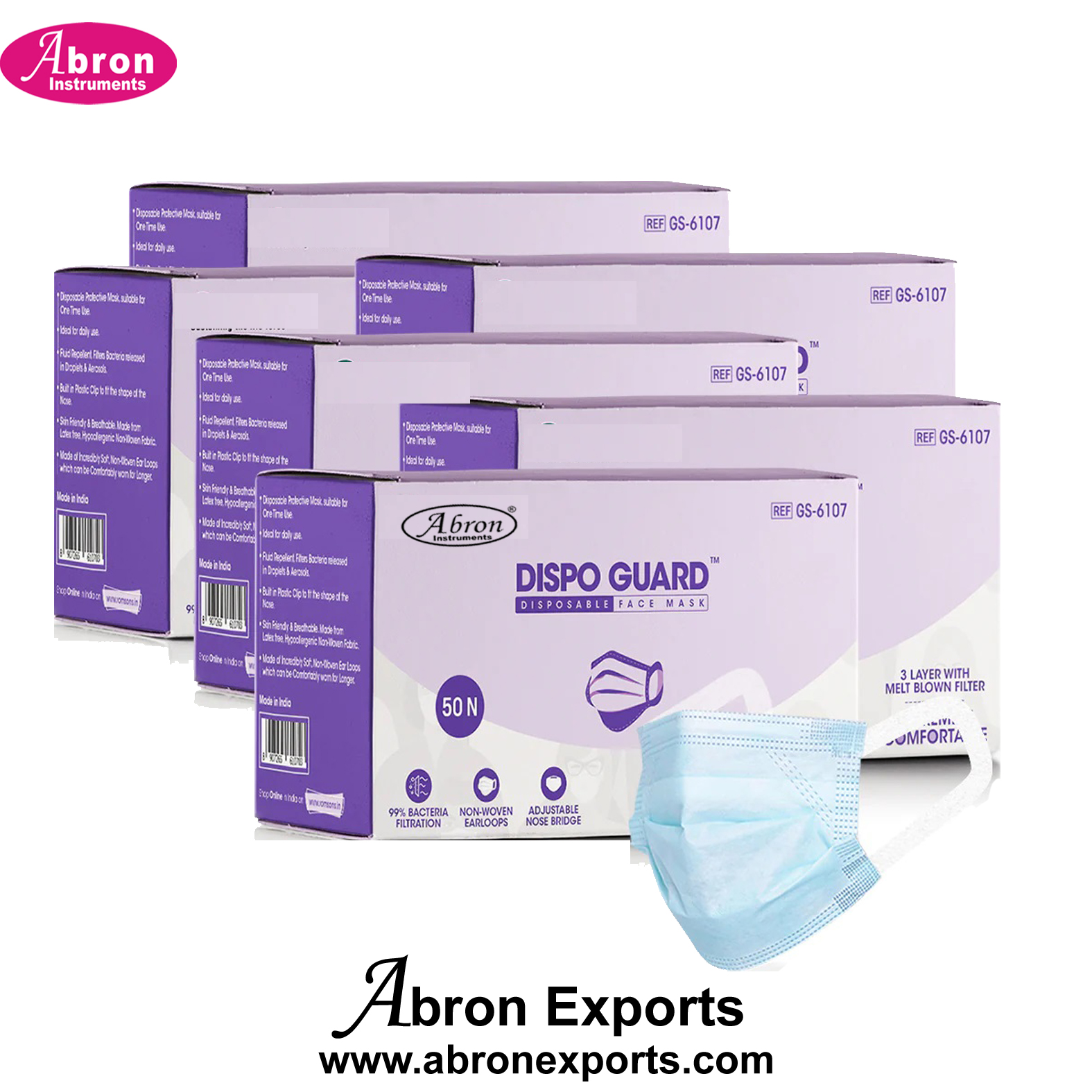 Face Mask Surgical 100pc 6-600pc With Nose Strip And Ear Strings 3 Ply Dispo-Guard Abron ABD-4142FM6H 